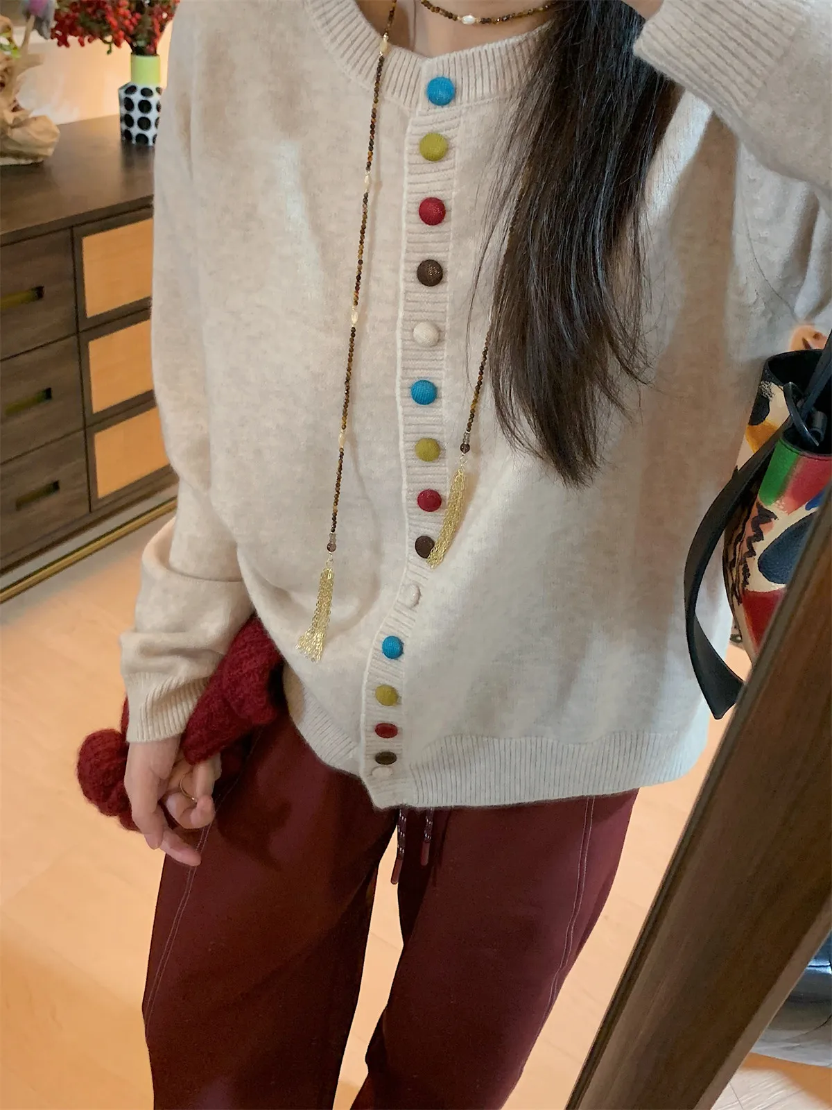 

QinEition Women's Rainbow Button Soft Wool Knitted Loose round Ne Open Cardigan Sweater Autumn Winter Comfortable Outerwear
