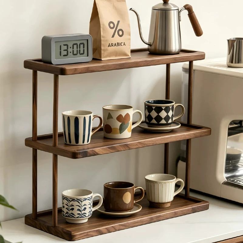 Black Walnut Cup Storage Rack Solid Wood Coffee Mug Display Shelf Space Saving Glass Holder for Home 3 Tiers Teacup Stands