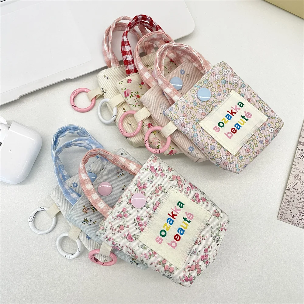 Dompet Koin Mini Lucu Manis Berenda Motif Bunga Warna Pink Biru, Casing Pelindung Headphone, Tas Penyimpanan Kecil Portabel untuk Wanita