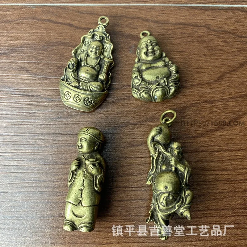 Copper , Yuanbao Maitreya , Happy Big-Bellied Buddha Keychain Pendant, Antique-Style Bronze Sculpture Figuri