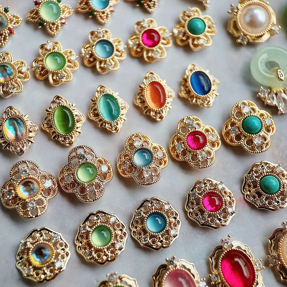10pcs Retro Palace Round Oval Flowers Style Zircon Metal Nails Jewelry Decorations Nail Art Accessories Charms Parts Supplies