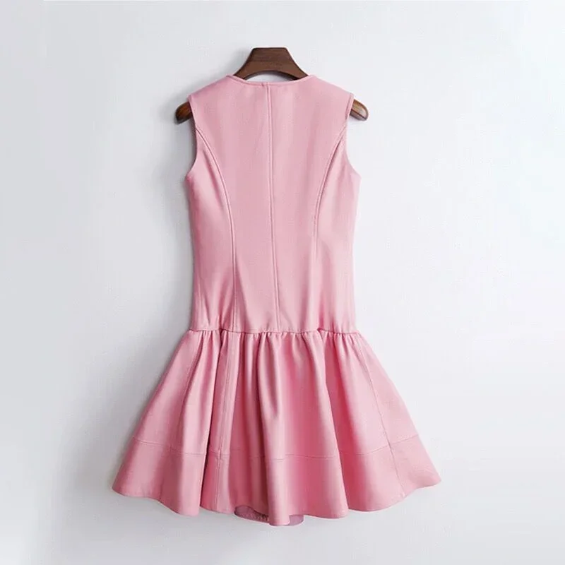Lambskin Dress for Women 2023 New Round Neck Sleeveless Genuine Leather Pink Skirt Tierred Folded A-line Pullover Vestido