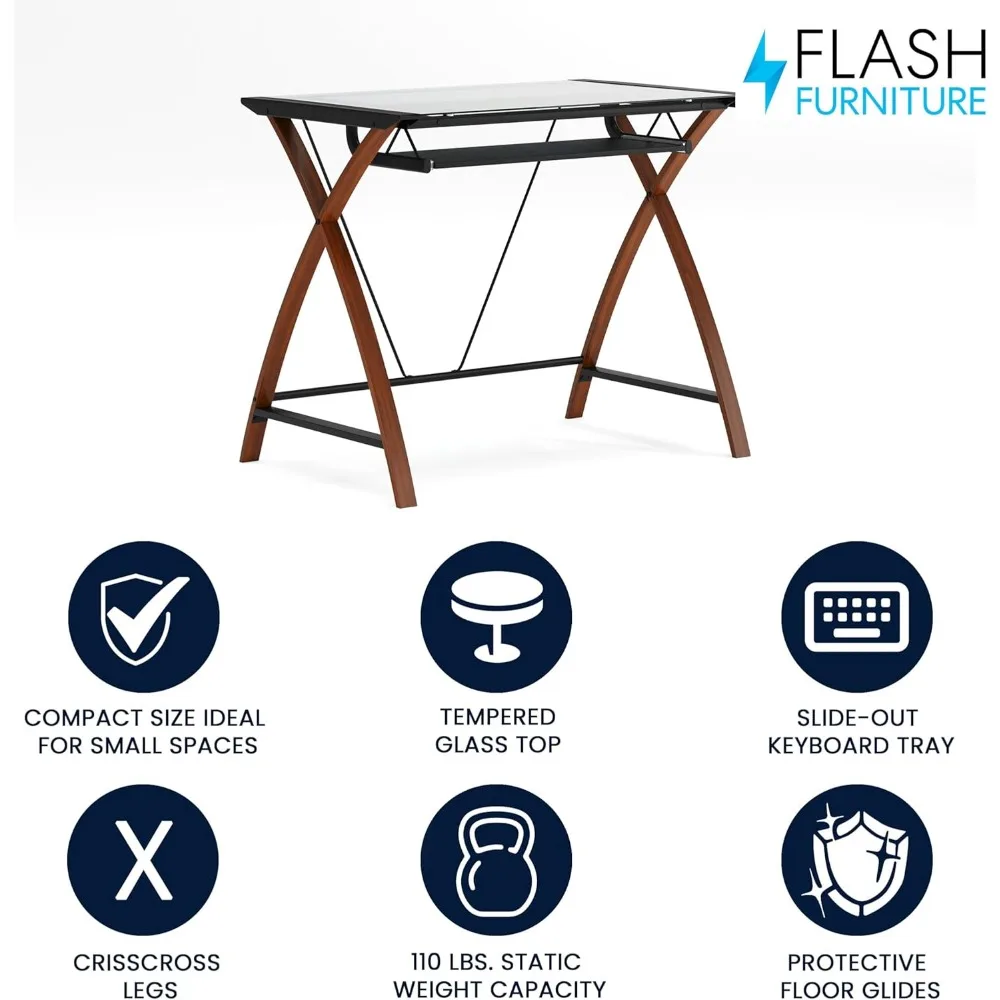 مكتب علوي زجاجي من Flash Furniture Jude مع رف لوحة مفاتيح منزلق، مكتب مكتب منزلي مدمج