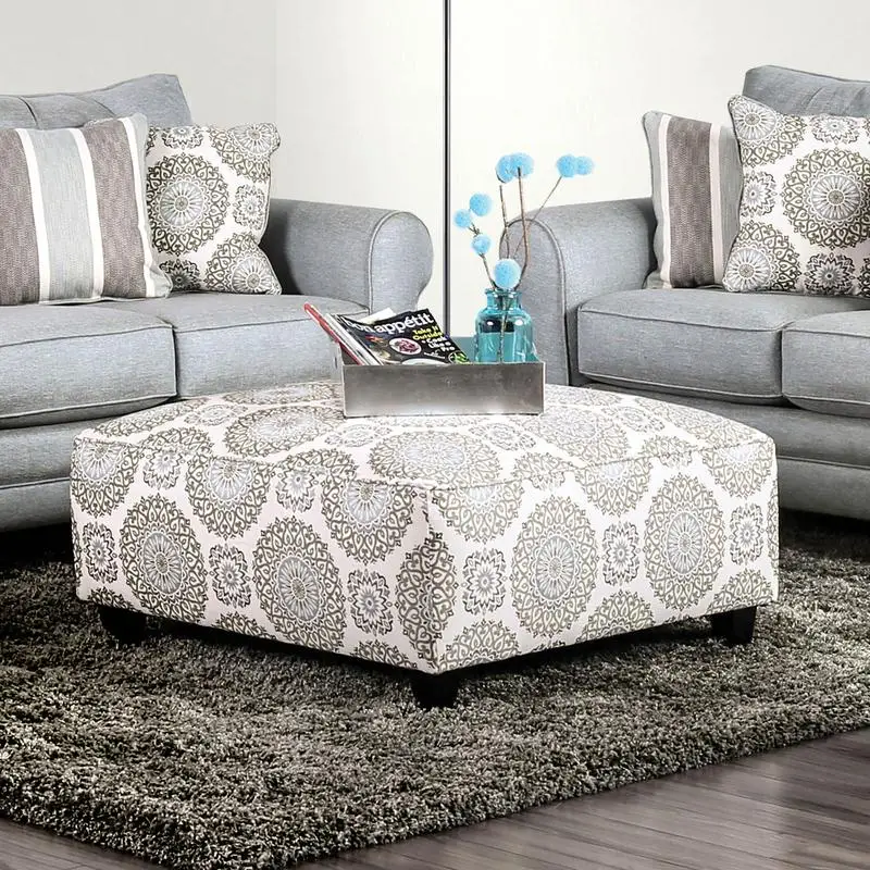 

Transitional Square Ottoman with Welt Trim, Tapered Legs, Ivory Pattern Finish