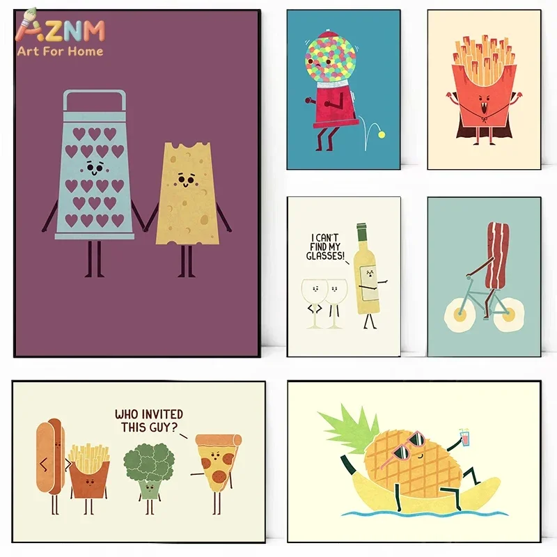 AZNM Funny Cartoon Food Canvas Wall Art Pizza Hot Dog Pineapple Bacon Wine Cute Kawaii Kitchen Art Print Poster Dining Room Deco