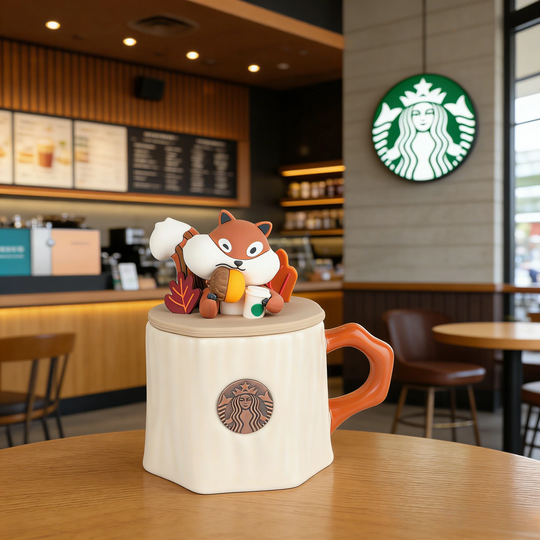 Caneca Starbucks em Forma de Esquilo de Outono, Cerâmica com Tampa, à Prova de Poeira, Caneca de Café para Mesa