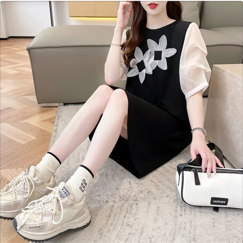 夏の新 2025 ドレス女性ファッションミディアムからロングステッチコットン半袖 Tシャツ韓国カジュアルルーズトップ女性。