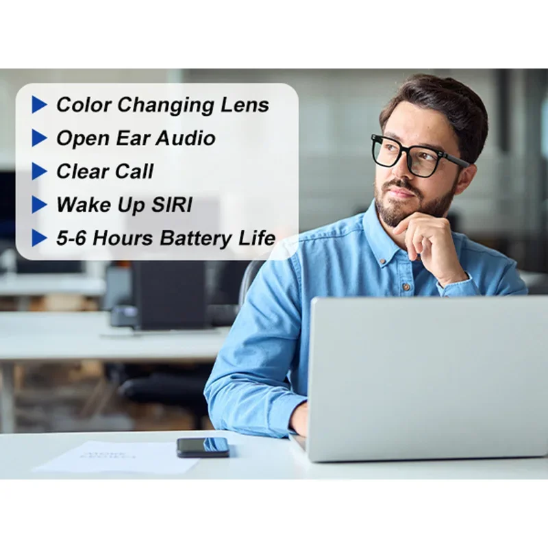 

Умные очки с защитой от синего света и фотохромных солнцезащитных очков с Bluetooth, защита от ультрафиолета, громкие звонки и аудио, голосовой помощник 2025 г.