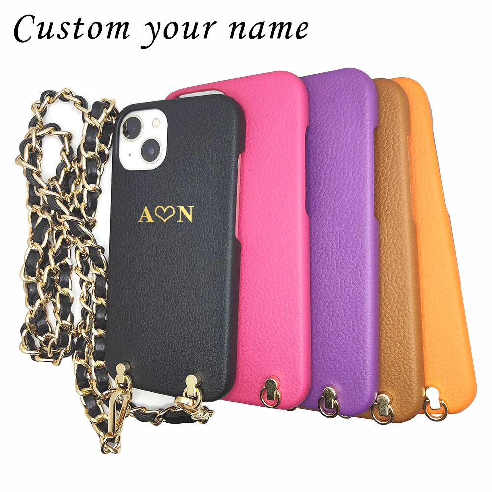 Personalised Initial Letters Name Pebble Leather Phone Case With Strap For Iphone 13 12 11 Pro Max Mini 7 8 Plus Se Cover Funda