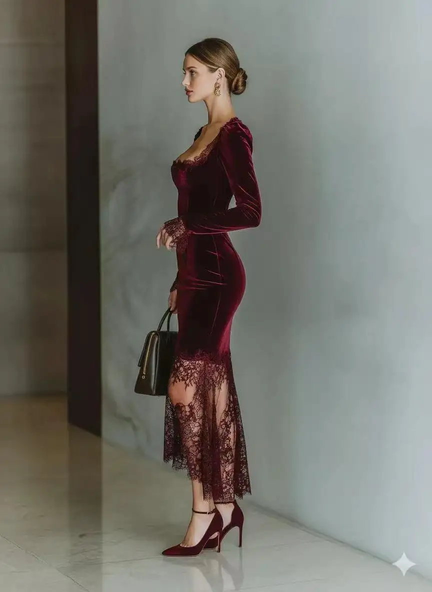 Gundy French Velvet Mermaid Dress, Lace Panel Long Sleeve Square Neck Open Back Bodycon Gown