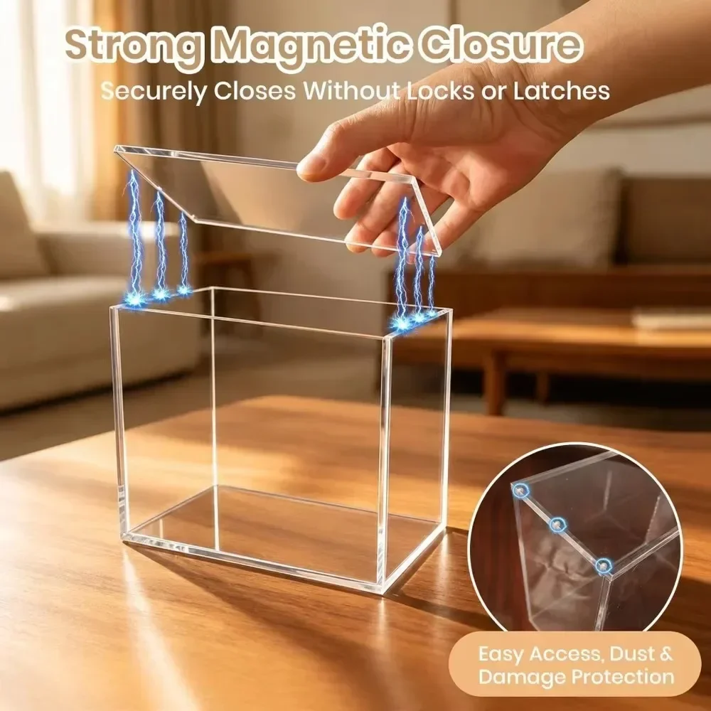 Acrylic Display Case with Metal Magnetic Lid,8mm+5mm Thick Clear Storage Box for ETB Elite Trainer Box,TCG Cards Booster Packs,Action Figures,UV Protection Dustproof Waterproof,Stackable for Desk Shelf Home Office Game Room