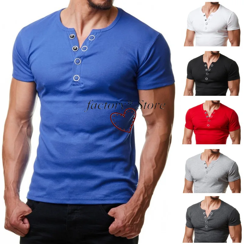 Men's Short-Sleeved Casual Athletic T-shirt Short-Sleeved Muscle Fitness Brother Metal Button Design