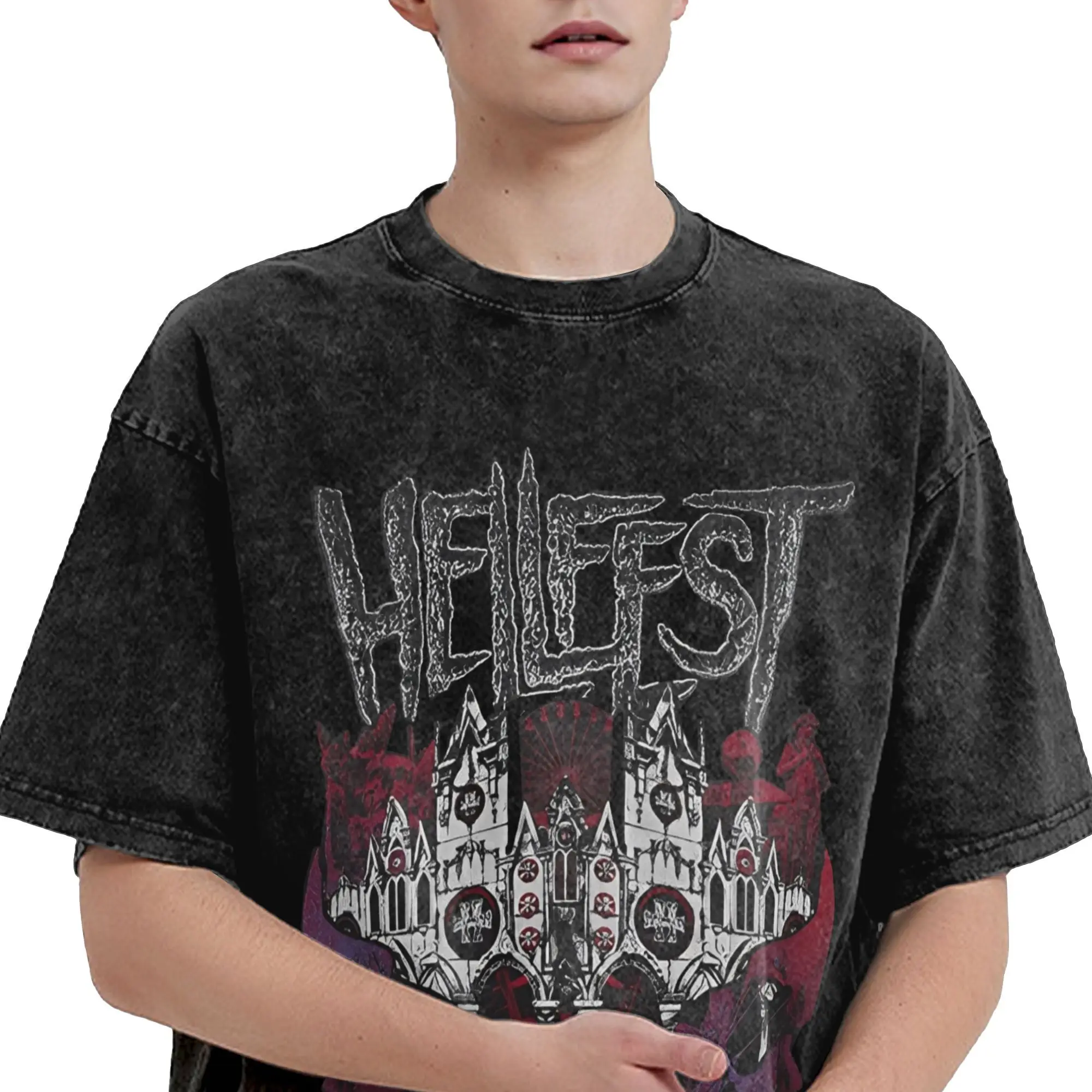 Funny Hellfest Music 2025 티셔츠 남성 크루 넥 100% 코튼 워시 티셔츠 반소매 티셔츠 플러스 사이즈상의