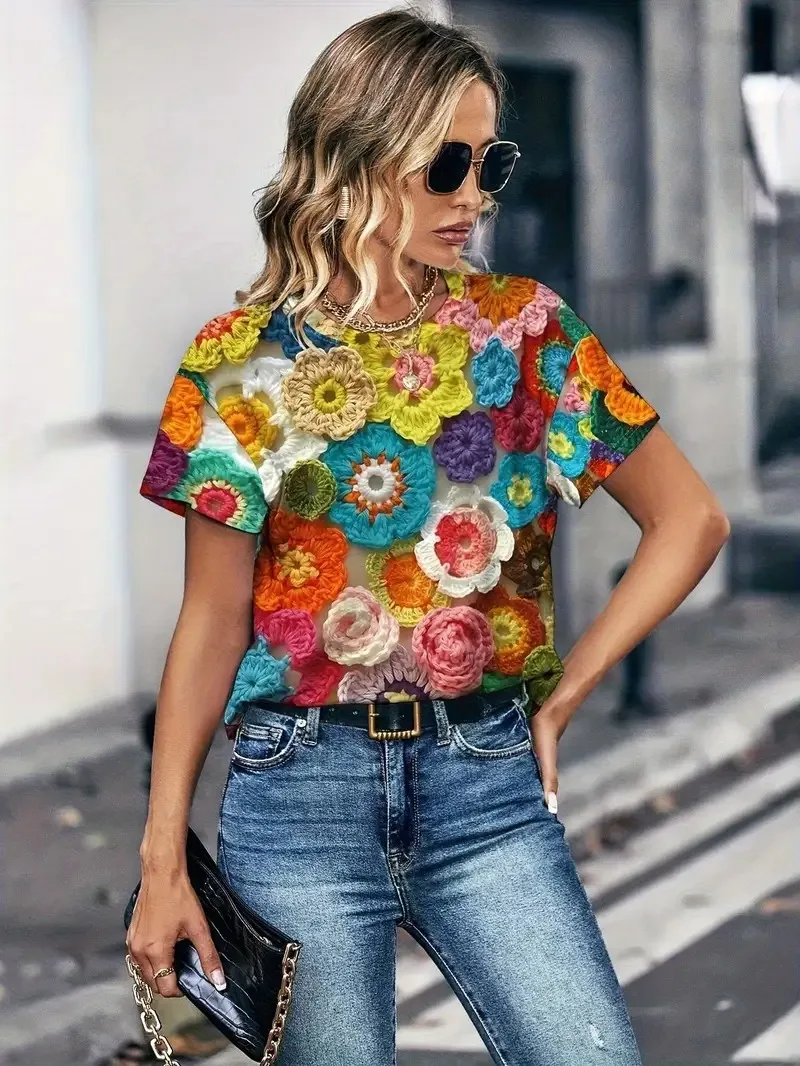 

Fashion new woven three-dimensional flower 3D printed women's T-shirt summer casual daily short sleeved oversized women clothing