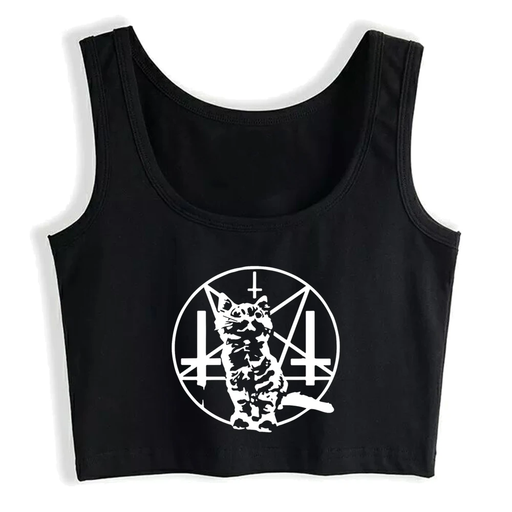 Purrrrr Evil Satanic Cat Graphics Sexy Slim Fit Crop Top Girl's Baphomet Kitten Print Tank Tops Cotton Gothic Sports Camisole