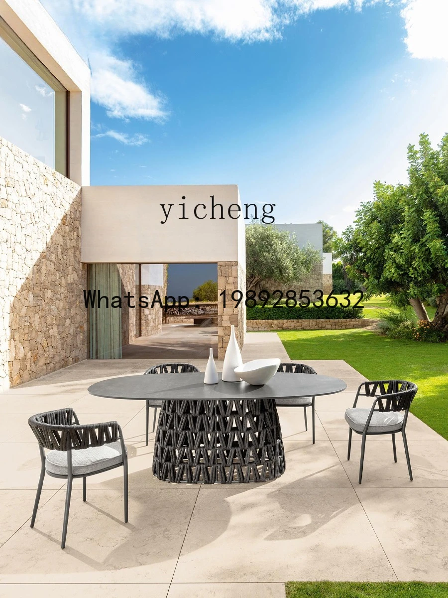 

x9 Outdoor Table Garden Sun and Rain Resistant Leisure Rattan Chair Terrace Rock Board Dining Table Outdoor Round Table