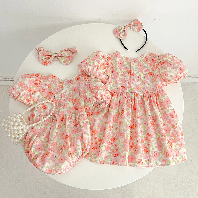 Summer Kids Baby Girls Short Sleeve Sisters Printing Dress Infant Rompers Baby Girls Sweet Princess Children Clothes Dress image 2