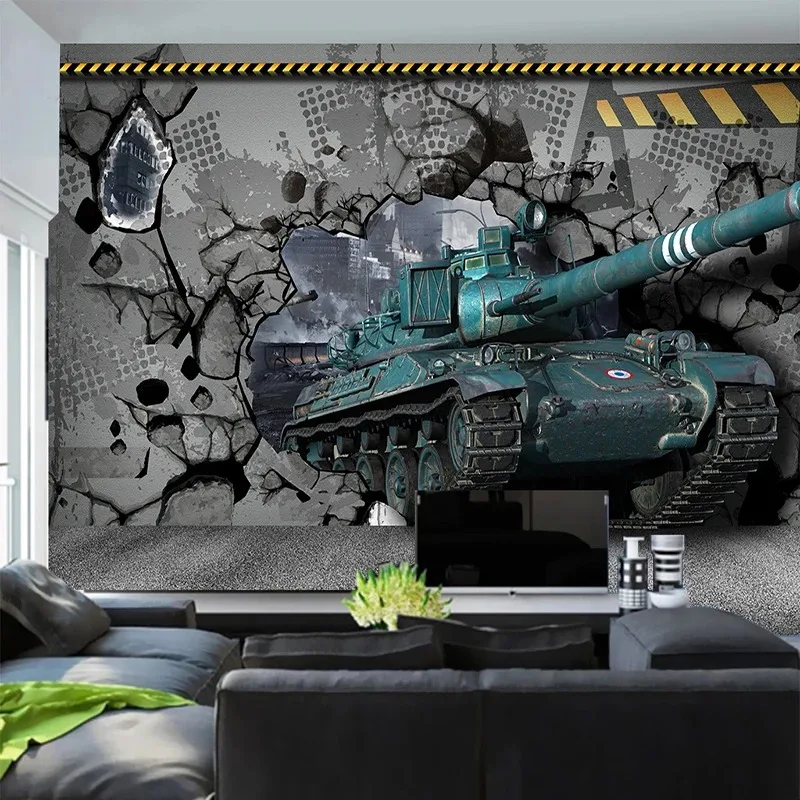 3D Stereo Embossed Tank Broken Wall Mural Wallpaper Living Room Children Boy's Bedroom Background Wall Covering Papel De Parede