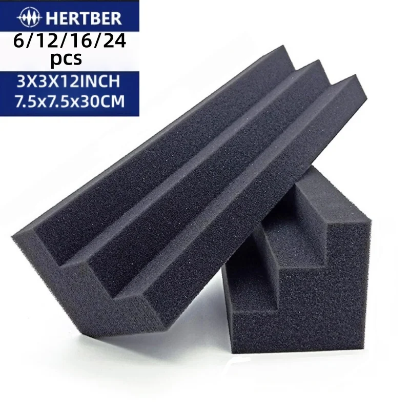 6/12/16/24PCS Corner Bass Trap 3x3x12 Inch Black Acoustic Foam Panels High Density Sound Studio Home Theater Wall Corner Sound