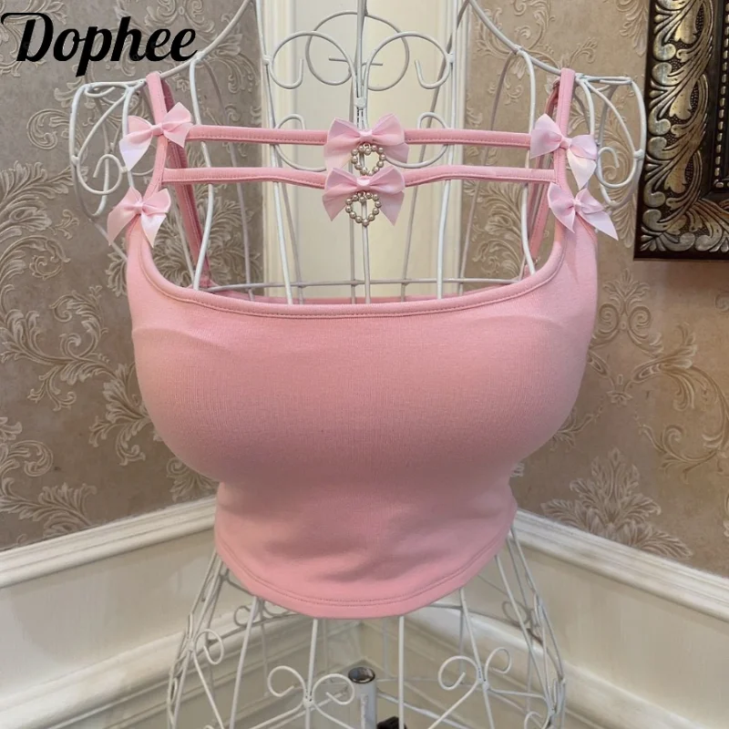 Dophee Original Sweet Girl Love Bow Beautiful Breasts Basic Camisole Midriff-baring Slimming Tanks Crop Top Chest Pad Pink Camis