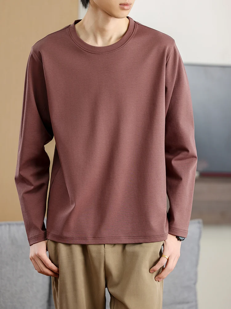 

Spring and summer new 100% high density cotton men's round neck solid color shirt knitted thin casual shirt.