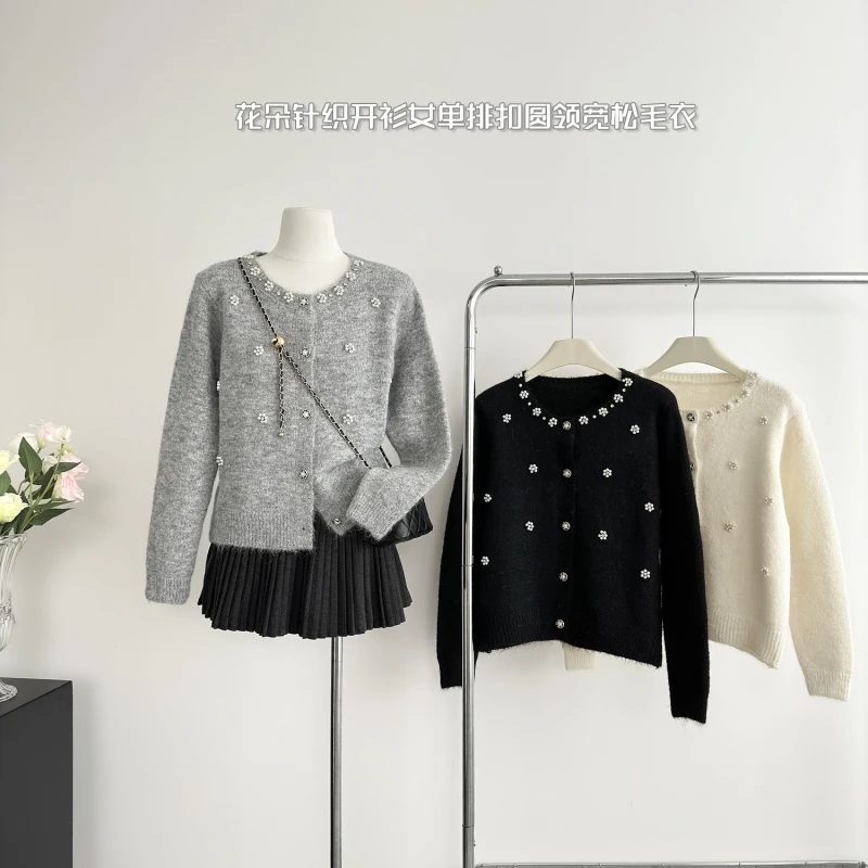 Sweater Cardigan Women 2024 Autumn Wintter New Arrival Cashmere Black White Or Gray Color Casual Beaded Tops Sweaters