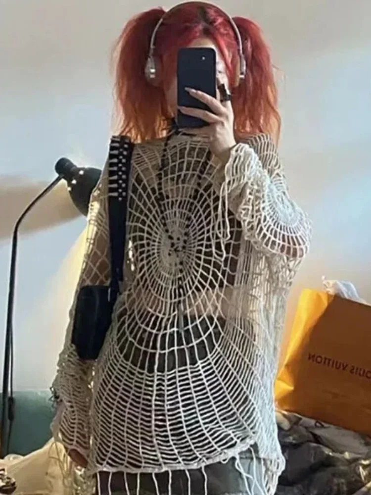 

Punk Style Hooded Pullovers Women Hollow Out Sweaters Casual Gothic Solid Femme Fashion Vintage Knitwear Y2k High Street Baggy