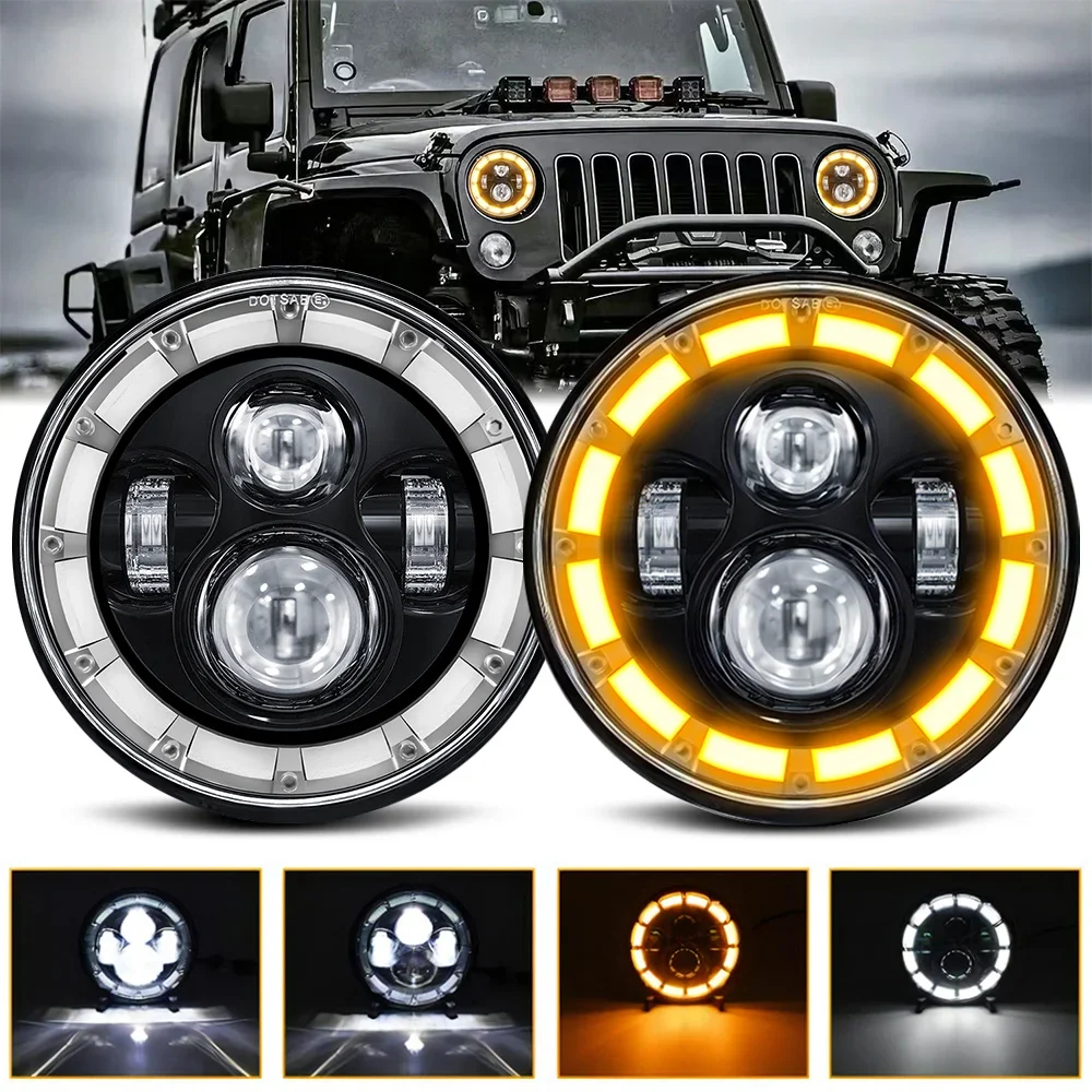 New LED Wrangler Headlight 7 Inch Round Headlight For JK Halley Jeep 200W 30000LM H4 Angel Eyes 6000K/3500K Universal Headlight