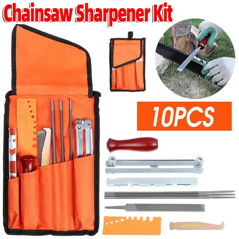 

10pcs Chainsaw Sharpening Kit Professional Chain Saw Round Flat File Guide Bar Sharpener Household Hand Tools with Storage Bag