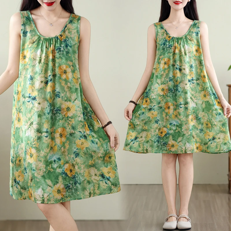 

High-End Anti-Aging plus Size Women's Summer Loose Strapless A-Line Dress Sleeveless Cotton Linen round Neck Print Dress