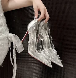 New pointed high heels, women's wedding shoes, banquet shoes, rhinestone transparent thin heels, sexy shallow mouth single shoes