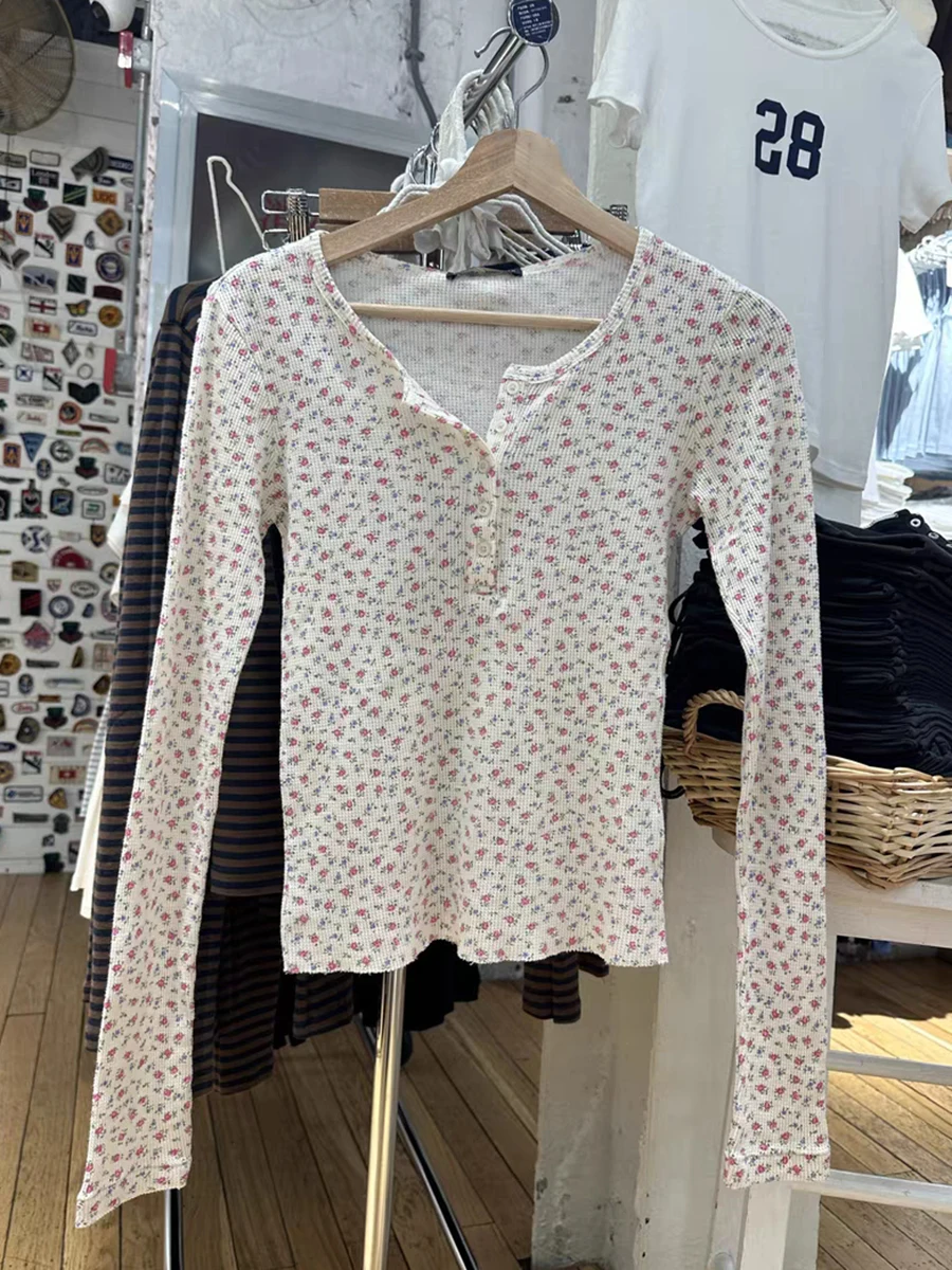 Pink Floral Waffle Long Sleeve T-Shirt Woman Spring Buttons Round Neck Cotton Slim Tee Top Sweet Cute Preppy Style Tshirt Y2k
