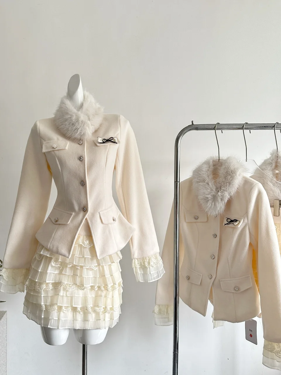 

Ele кружевная отделка с высокой талией, утягивающая многослойная юбка-тортик, комплект женской юбки с морским меховым воротником, роскошный комплект, осень-зима