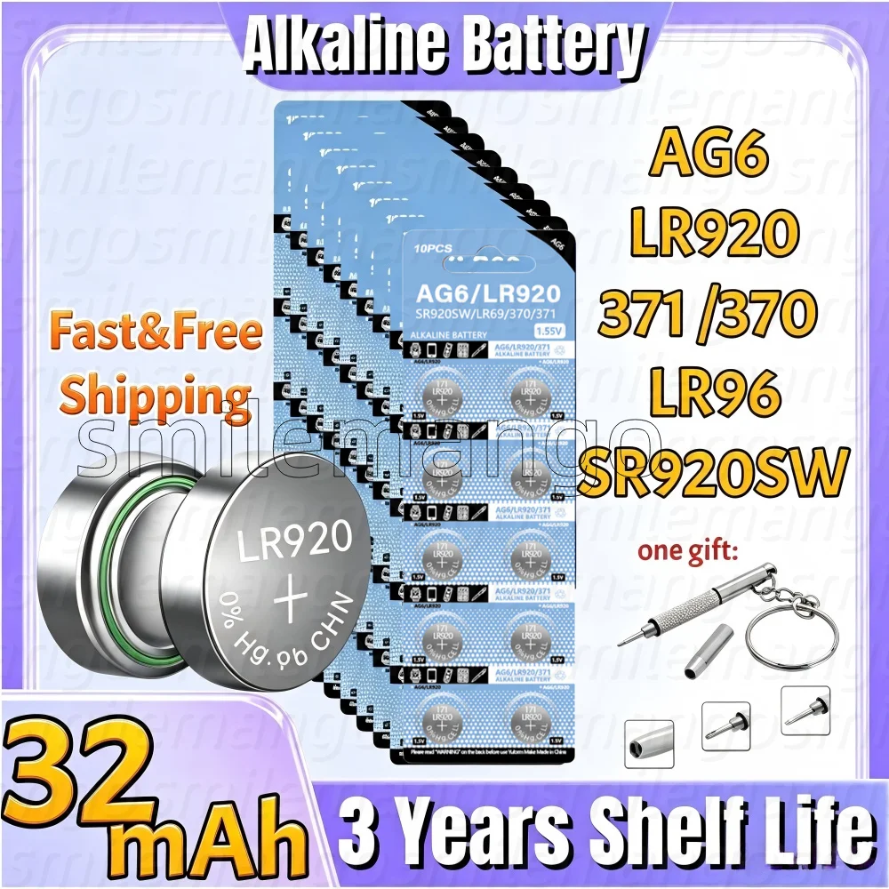 Image of 10-120 Stück AG6 LR920 Knopfbatterien SR920SW 371 370 LR96 Alkaline-Zellenmünzbatterien für Uhren, Spielzeug, Taschenrechner, Fernbedienungen