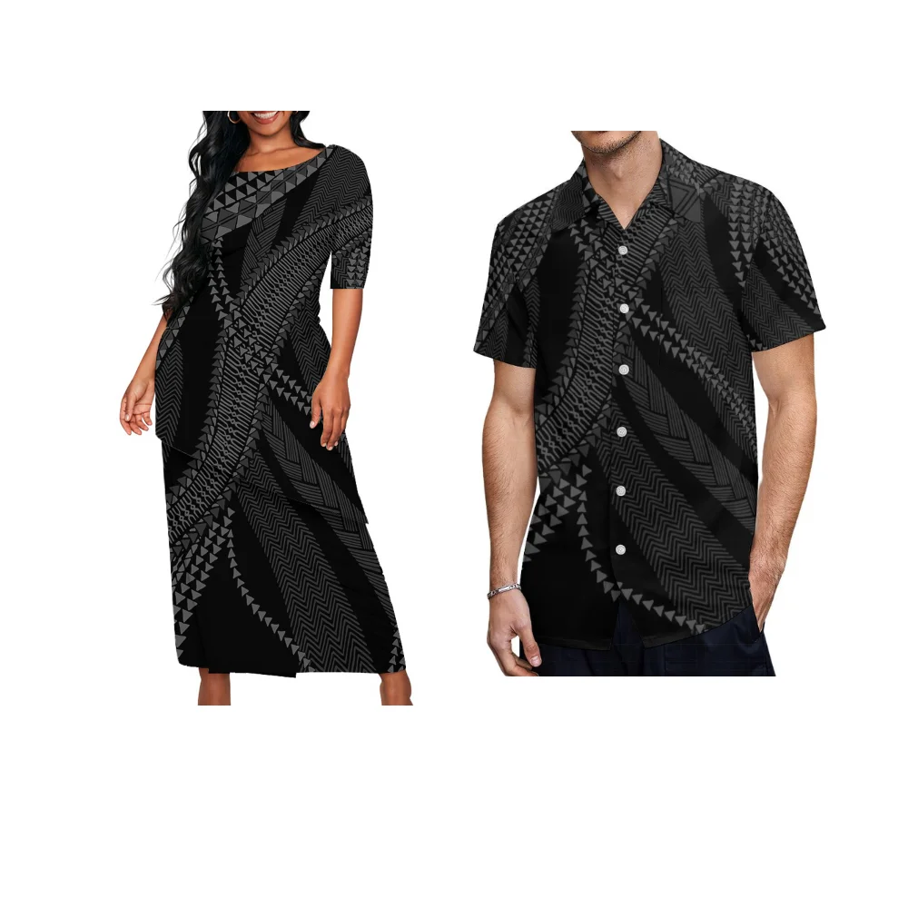 

2024 Samoa Fashion Couple Set Men'S Casual Pocket Shirt Women'S Puletasi Double Skirt Polynesian Art Vintage Print Custom