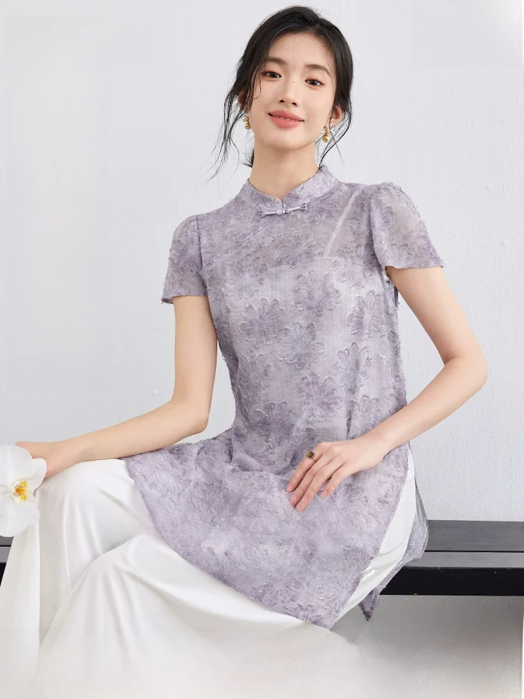 

Elegant National Style Women's Shirt Spring 2026 Stand Collar Button Bubble Sleeve Floral Burnout Texture Top Polyester Fiber