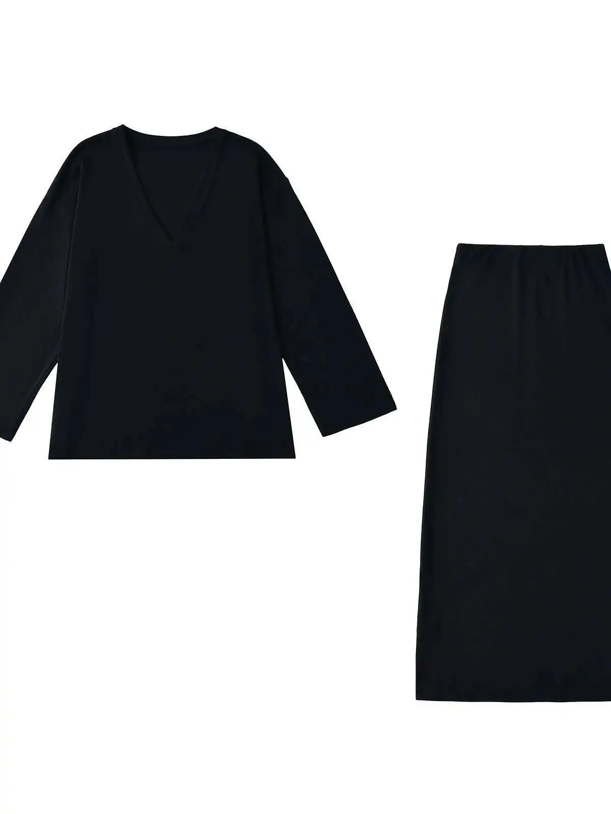Set Kasual Longgar Baru 2024 Wanita Musim Semi/Musim Gugur Atasan Warna Polos Lengan Panjang Leher-v + Rok Panjang Pinggang Tinggi Set Dua Potong 21M2