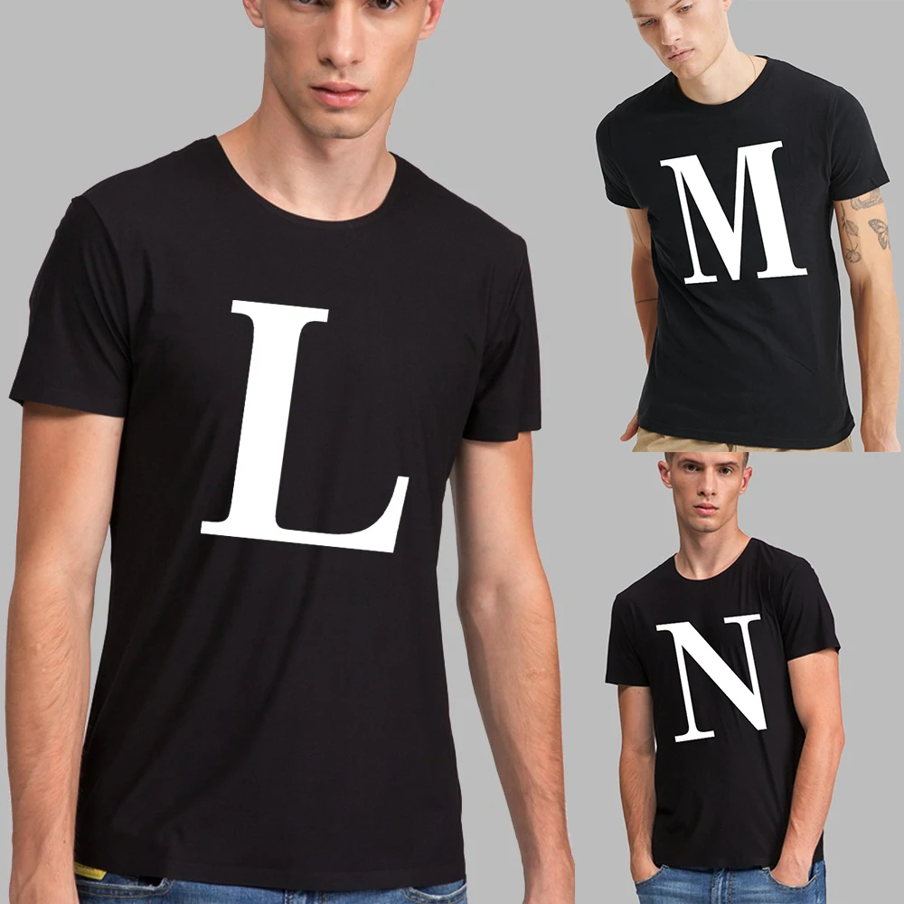 Fashion Men T-shirt White English Letter Font A B C D E F G Short Sleeve Tops O-neck Black Casual T-shirt Clothing Commuter Tops