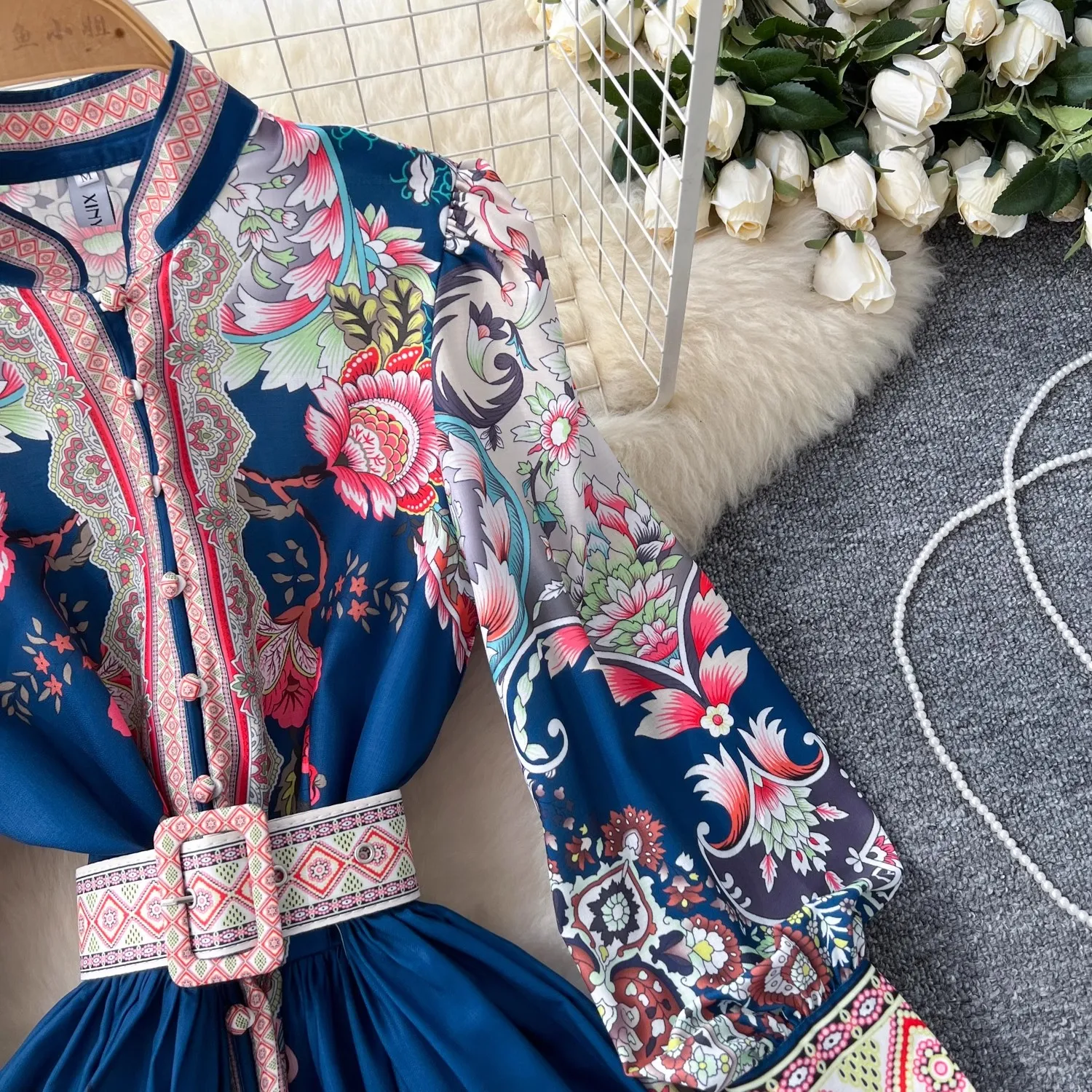 Abito lungo bohémien con stampa floreale vintage Paisley Abito lungo da donna con scollo a V Manica lunga a lanterna Cintura monopetto Slim Boho Vestidos