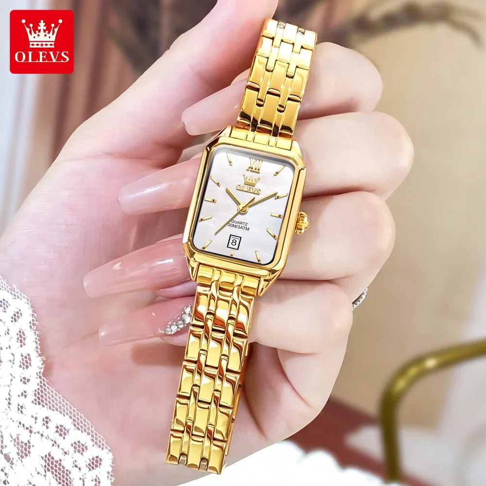 OLEVS Top Luxury Women\'s Watches Retro Square Original Quartz Watch for Girl Waterproof Gold Stainless Steel Strap Luminous Date