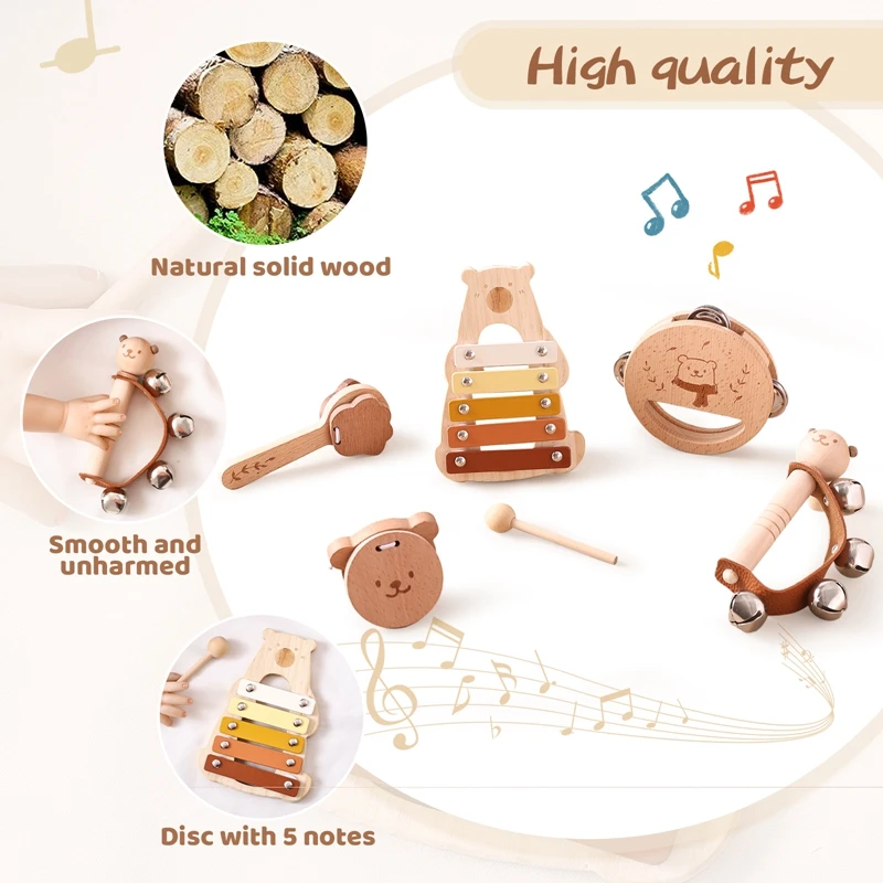 5pc conjunto montessori brinquedos de música do bebê instrumento musical brinquedos educativos de madeira do bebê 0 3 anos brinquedos urso xilofone brinquedos presentes