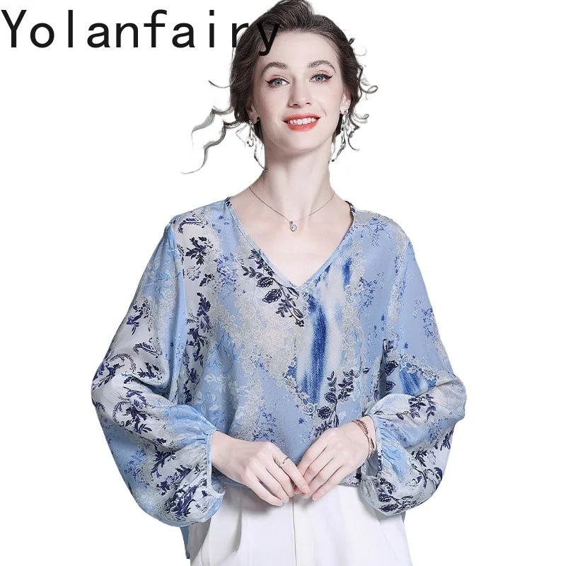 

YOLANFAIRY 100% Natural Mulberry Silk Shirts Woman Clothes 2026 Spring Vintage Floral Blouse Elegant Womens Tops Chemise Femme