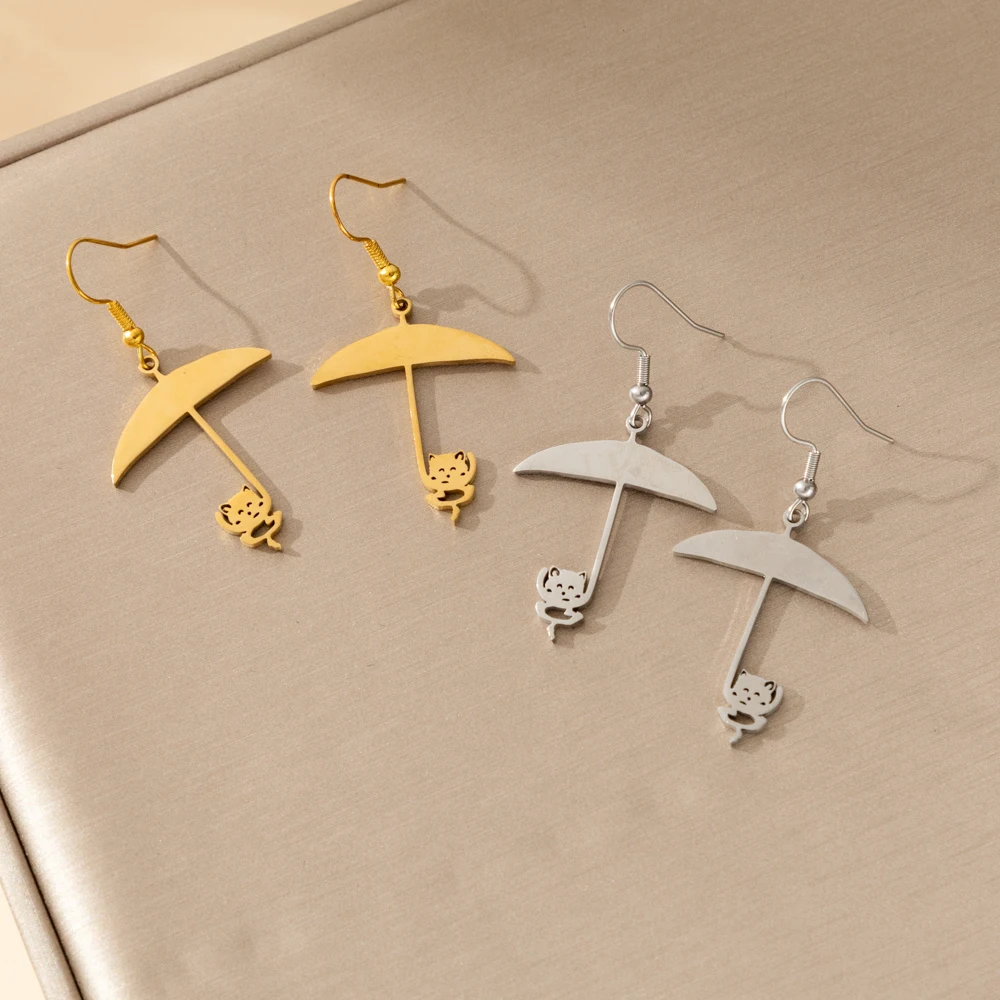 

1pcs Cute Novelty Stainless Steel Earrings Hypoallergenic Animal Cat Hamster under the Umbrella Personalized Fashion