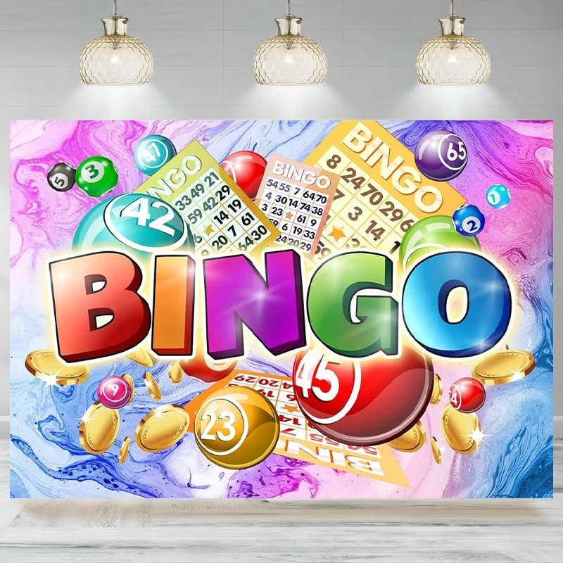 Bingo Night Backdrop Photography Game Time Colorful Billiard Cards Coins Contest Winning Ball Man Boys Background Banner