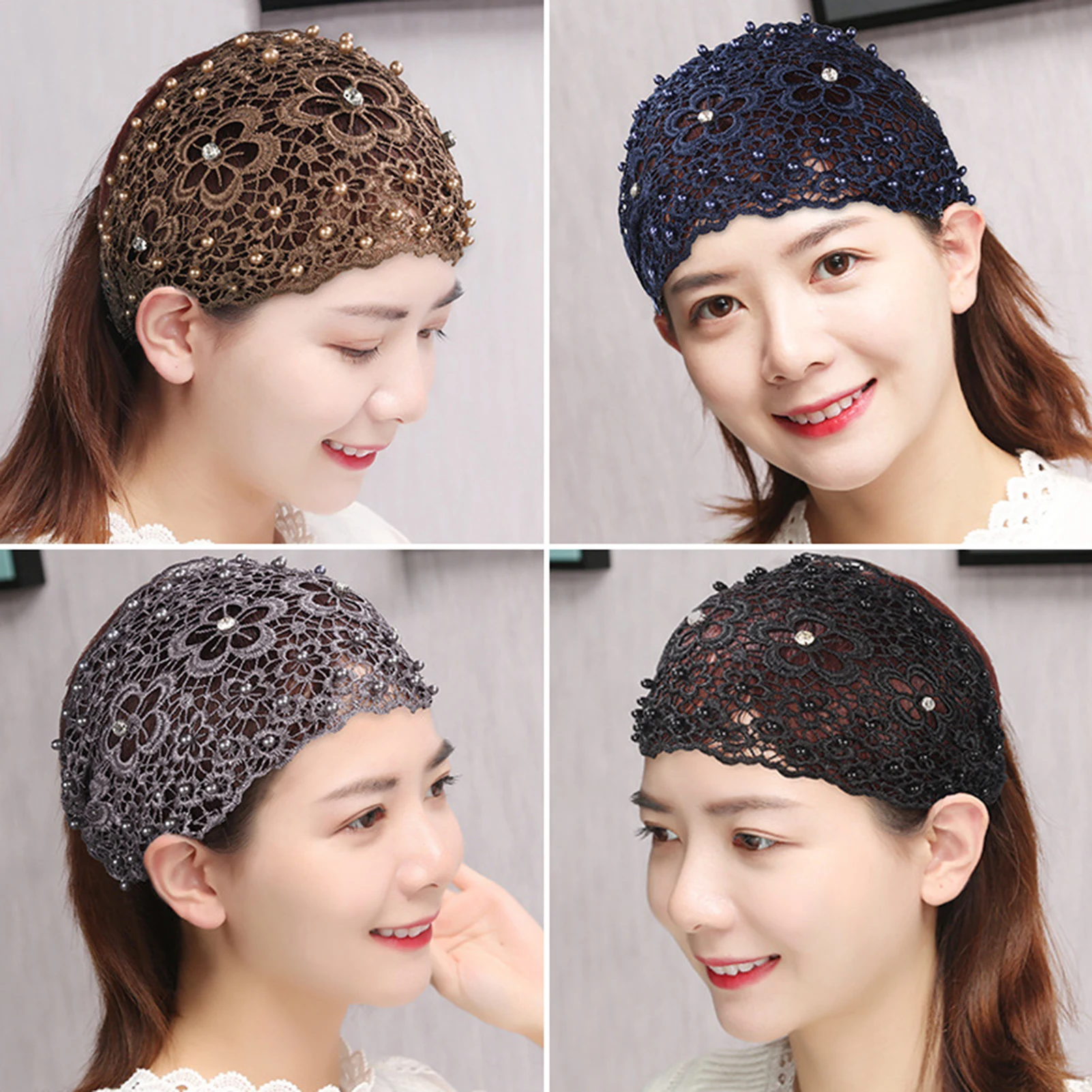 Lace Pearl Cut-Out Headband Ladies Wide Pullover Headband for Hair Styling Accessories