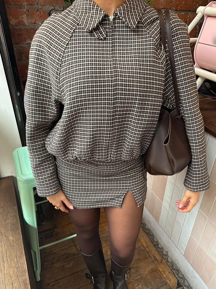 

HH Women Winter Fashion Houndstooth Cotton Coat Lapel Long Sleeve Zipper Bomber Jacket+High Waist Casual Belted Culottes Mujer