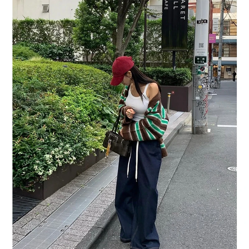 Harajuku مخطط سترة مشغولة من الصوف المرأة خمر سترة طويلة الأكمام ملابس خارجية الكورية المرقعة تريكو الشتاء فضفاض لاعبا #5