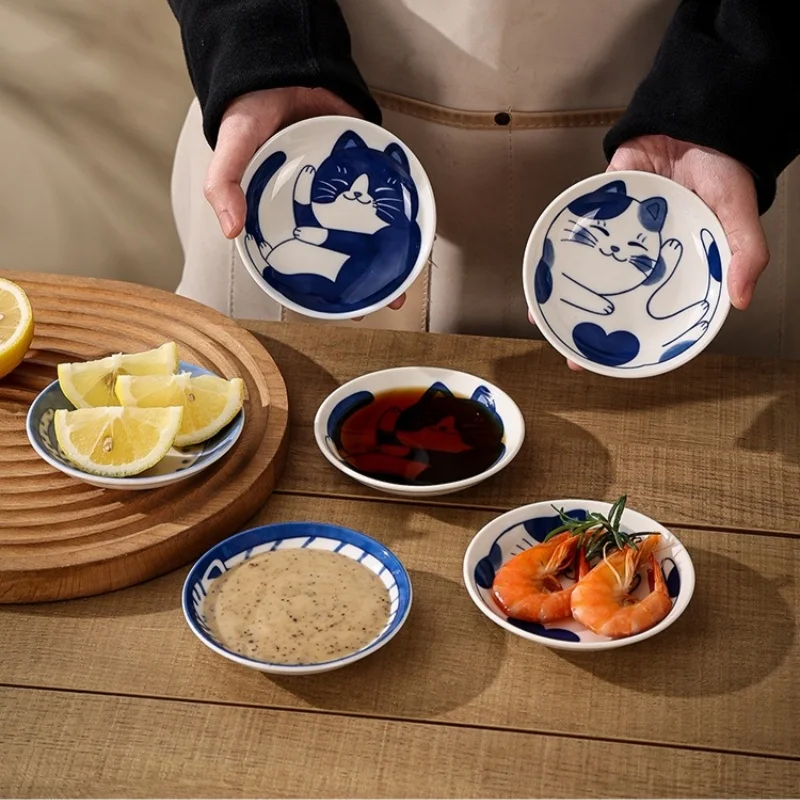Plato de gato de dibujos animados de cerámica japonesa para el hogar, mesa de comedor, plato para salsa de inmersión, plato para salsa de soja, plato para condimentos con olla caliente