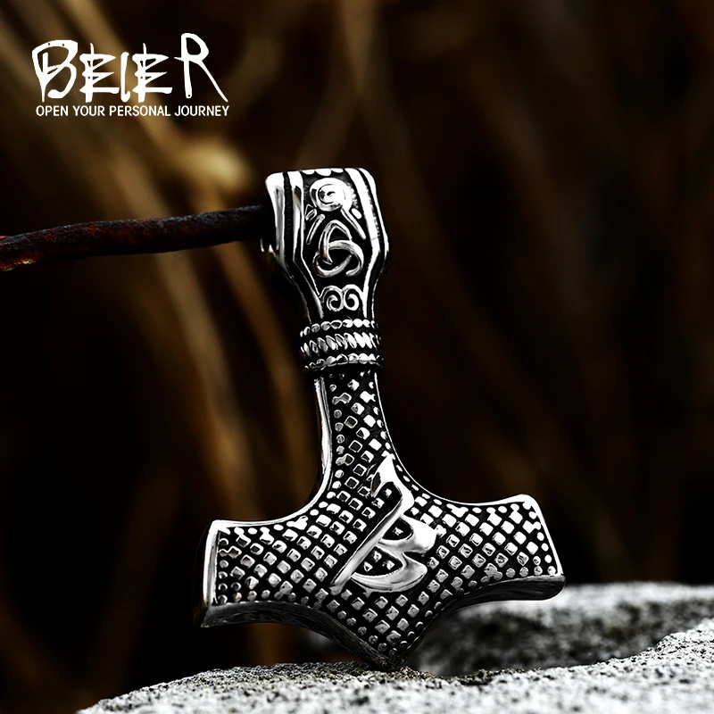 Beier 316L Stainless Steel Viking Hammer Amulet Men\'s Necklace Pendant Nordic Gods Weapons High Quality Jewelry （Only Pendant)）