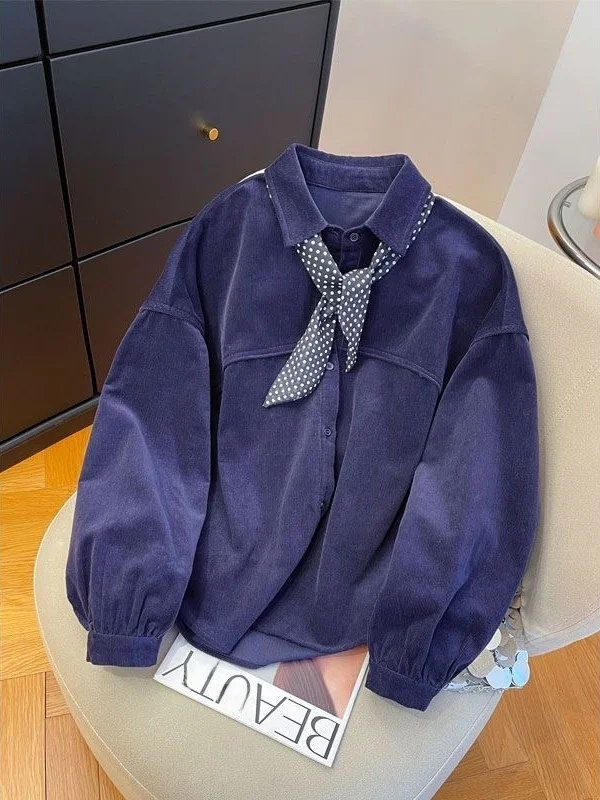 

Retro Blue Corduroy Shirt Women's Loose Casual Style with Scarf Autumn Fashionable Clothing Collar Long Sleeve Pure Color